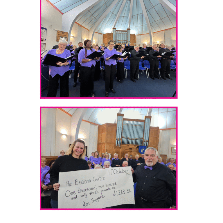 2 Pictures of the Penn Singers the top one is a group shot and the second which is below is the group of singers holding the donation cheque.